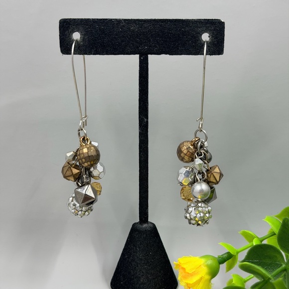 Cluster Drop Vintage Y2K Earrings with Gold and Silver Beads - Picture 3 of 6